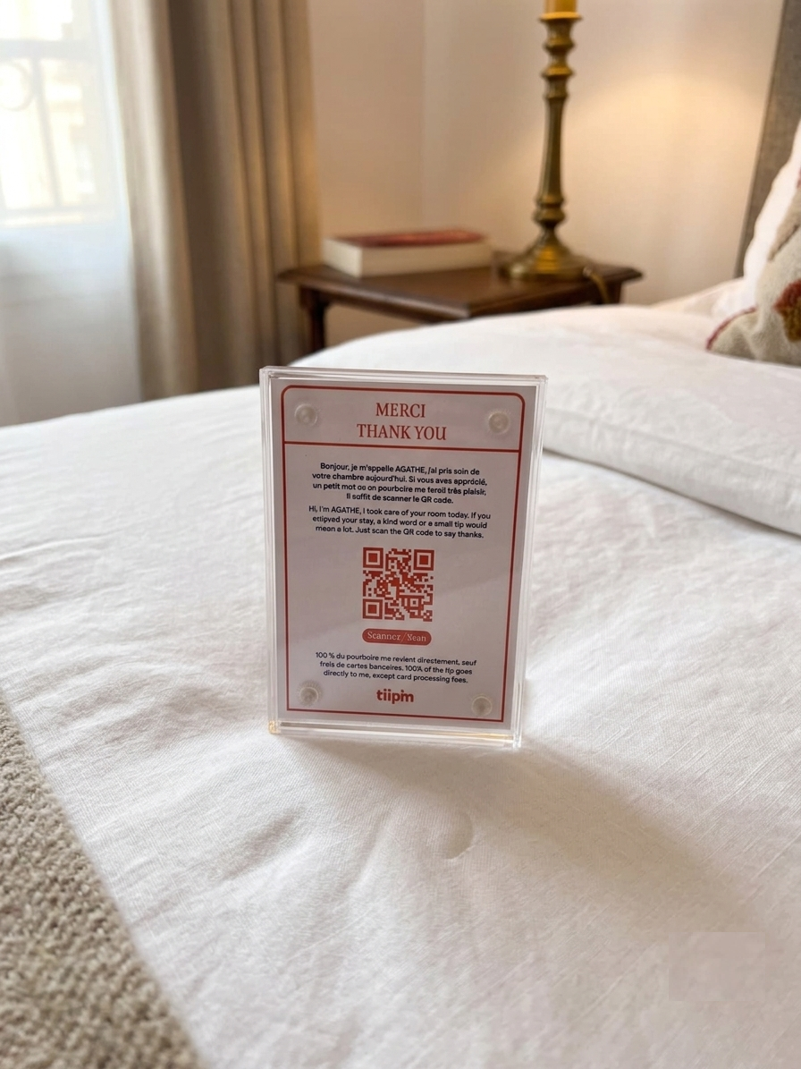 Plaque Tiipim dans son cadre acrylique, posée sur un lit d'hôtel